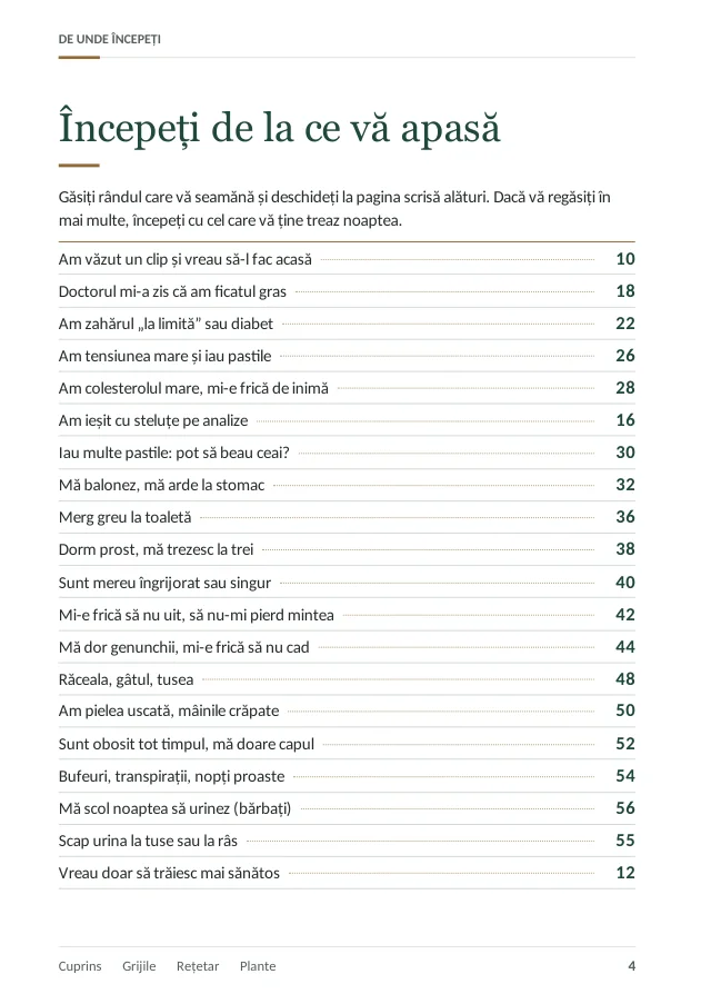 Pagina 4: lista grijilor, cu pagina fiecăreia